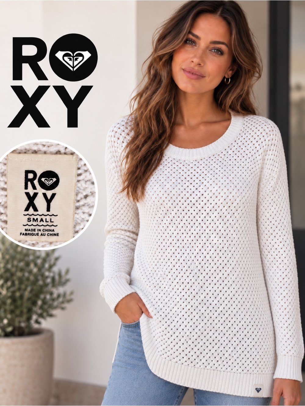 Roxy Cream Open-Weave Scoop Neck Sweater